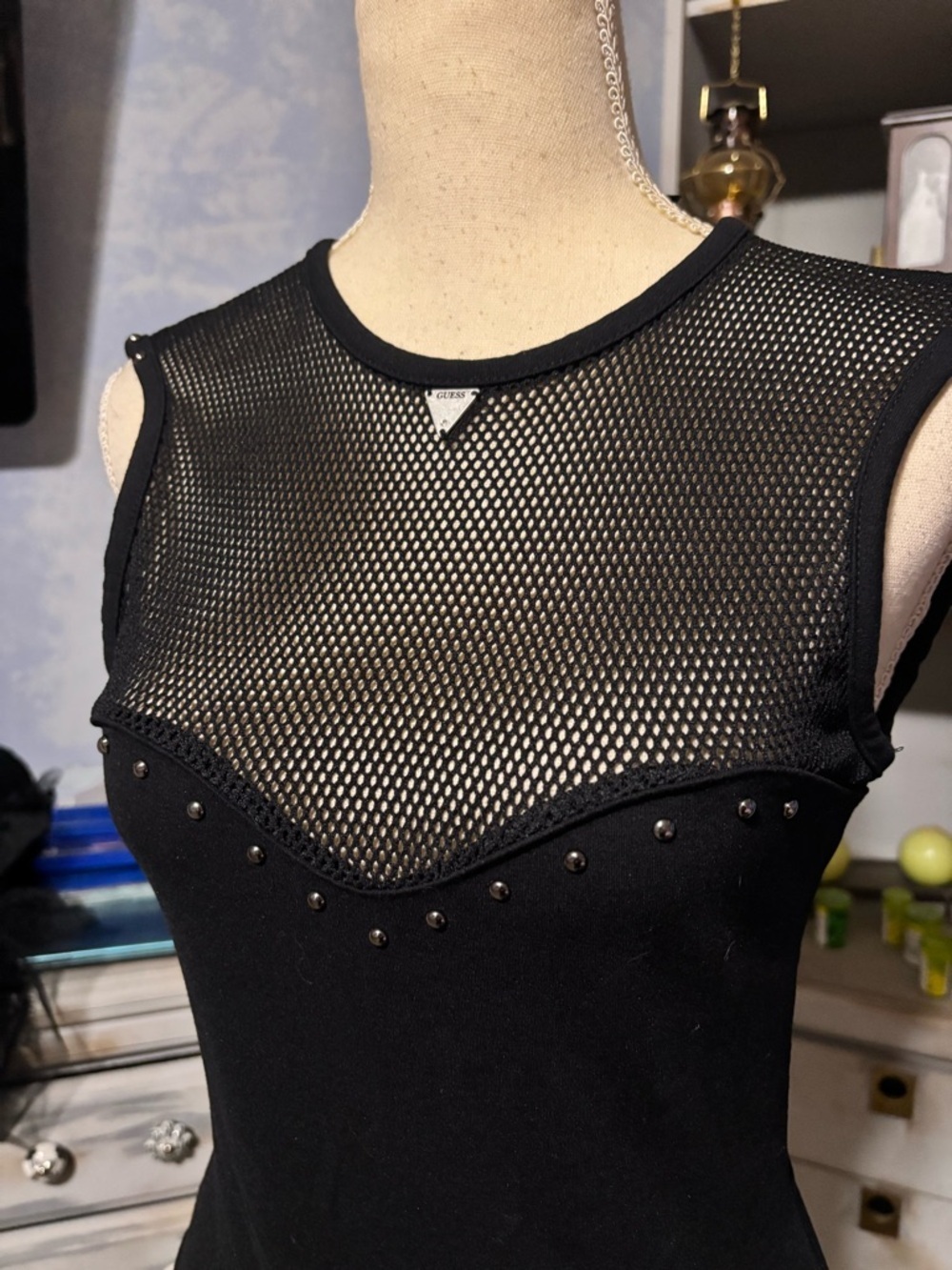Guess Black Mesh Studded Bodycon Dress XS Sleeveless Sheer Panel - Picture 4 of 12